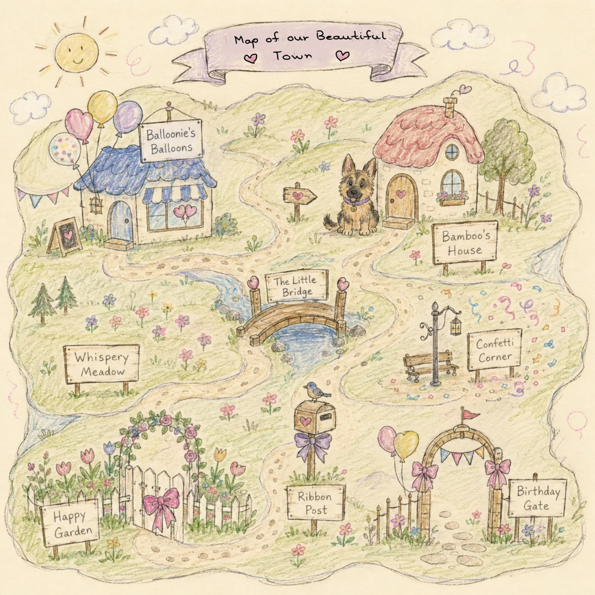 Map of Our Beautiful Town from Balloonie and Bamboo, showing Balloonie’s Balloons, Bamboo’s House, The Little Bridge, Whispery Meadow, Confetti Corner, Happy Garden, Ribbon Post and Birthday Gate