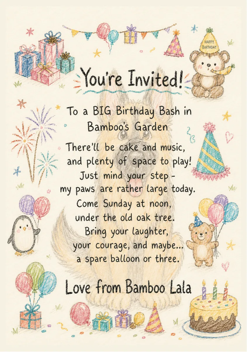 Balloonie’s side of the story: the golden invitation to a big birthday bash in Bamboo’s garden, signed Love from Bamboo Lala