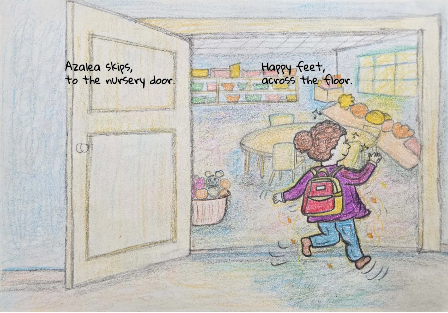 Azalea skipping to the nursery door, a hand-drawn spread from A Wobbly Hug