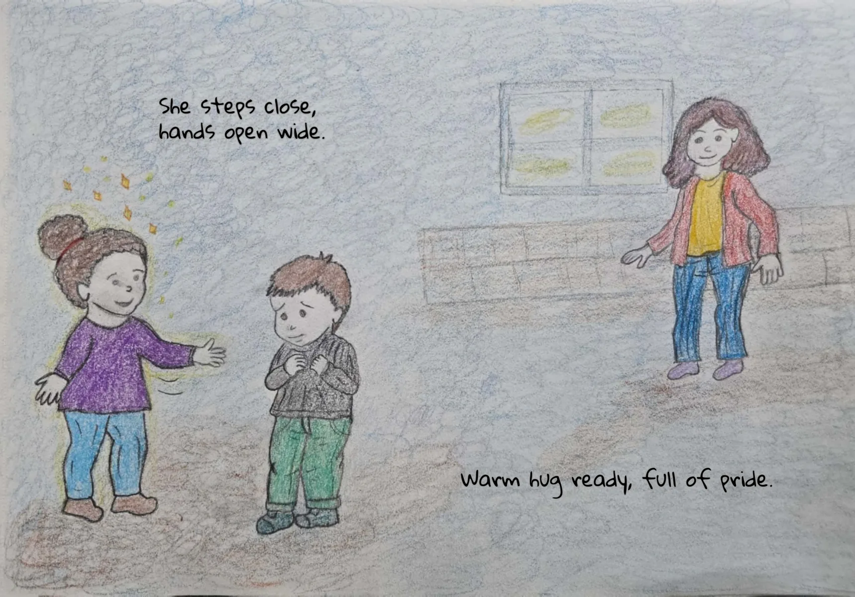 Azalea offers Rowan a warm hug — a coloured-pencil spread from A Wobbly Hug